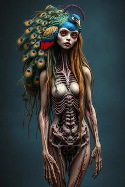 A beautiful girl with a colorful peacock long hair , full body, front view . decayed and rotting with grotesque proportions and imagery. grotesqueries, detailed texture, surreal horror, biomechanical design, by hr giger and beksinski , on blue color