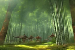 deep in a japanese bamboo forest, ancient temple in distance with garden, sunny, cartoony, sketched, mid day, realistic lighting, by ghibli studio, arcane, wild rift, trending on artstation, 4 k, hd