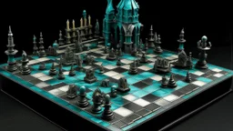 A blackish teal shadowy chess themed stronghold painted by Henri-Robert Bresil