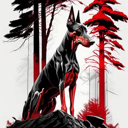 Doberman dog sitting, front view, full body, ink lineart red white black pointy ears trees