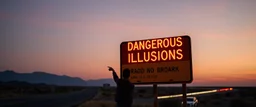 neon roadside sign warning about "dangerous illusions on road block" and artwork in the road, people pointing at the sign, it has some beautiful neon artwork