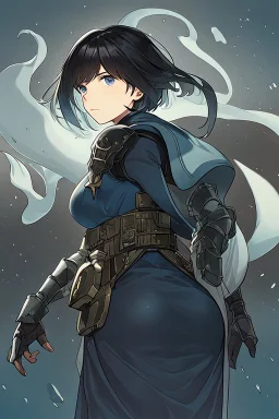 Motoko Kusanagi from "Ghost In The Shell (1995)", clad in medieval stell plate armour, melancholic, alone, big blue eyes, perfect, beautiful, black hair, correct proportions