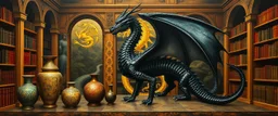 master oil painting by Escher and Giger, vases and black dragon and hidden golden dragon inside library