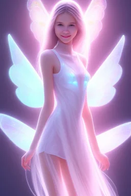 smiling girl, cute, beautiful, long hair, fairy wings, light pastel colors, bright, transparent dress, smile