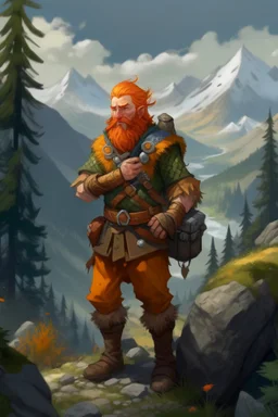 Realistisches Bild von einem DnD Charakters. Männlichen Zwerg mit orangenem Haaren. Er steht im Wald mit Bergen im Hintergrund. In der Hand hält er eine Armbrust.