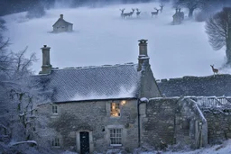 Snow falling heavily in the Cotswald area of England. A stone cottage with smoke coming out of the chimney. Surrounded by stone fences. In the background a startled group of deer look this way. A thick forest behind them.