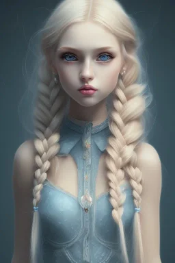 20 year old girl, cute, beautiful, blonde hair, one loose braid, blue eyes, big eyes, pale skin, blue dress, ice dress, long eyelashes, pink lipstick, thin lips, small nose, semirealistic, 8k resolution concept art portrait