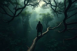 assassin POV standing on branch of banyan tree looking down in dark forest