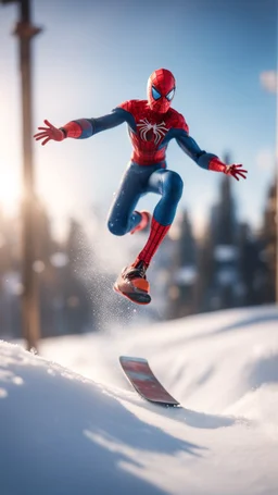 spider man jumping doing winter freestyle ski jump half pipe trick on glass snowboard, bokeh like f/0.8, tilt-shift lens 8k, high detail, smooth render, down-light, unreal engine, prize winning