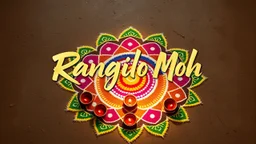 (top front center view of) Title Of the song "Rangilo Moh" written in abstract brush style font with golden color inside a colorful Rangoli on a earthy rustic floor-surface with six diya decorating the rangoli.