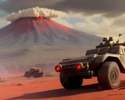 wide angle of Gi joe driving A White lunar armored rover with tracks and claw and orange, troops, volcano in background