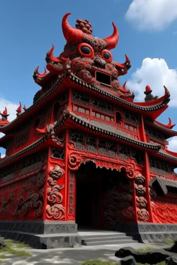 A red volcanic castle designed in Japanese Oni masks painted by Guo Xi