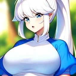 Clear focus, 8k, Elf, ranma drawing style, White hair, ponytail, hair in between the eyes, up close,