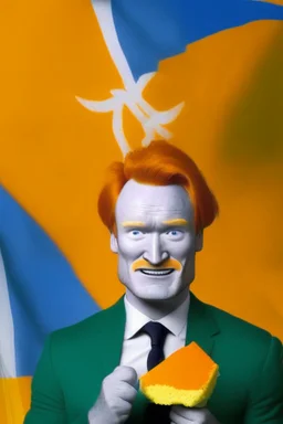 Conan O'Brien with bright orange hair holding orange cheese. "Esperanto flag in background".