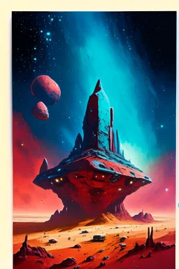 Towering starship fortress in red desert landscape with blue and green mineral rocks nebula starry sky painterly rpg art