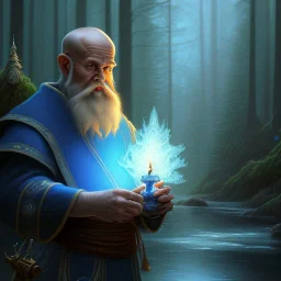 medium close up of blue robed water monk with long beard, frozen candle light, torches, Dark fantasy concept art, dynamic lighting, Intricately detailed, Splash screen art, deep color, Unreal Engine, volumetric lighting, blue flowers, moss, leather, creek, flowing water, fantasy dark forest artwork,back light, stone pillars