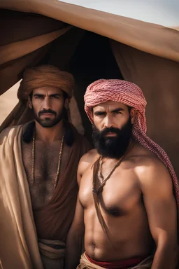 portrait photography of two serious ugly brawn 35-year-old burly beefy bullneck arabs tourist guides wearing traditional clothes, shirtless, big shoulders, hairy chest, manly chest, with very bushy eyebrows, photorealistic, sunlight, ambient occlusion, strong side light , inside a camping tent in the desert