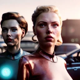 Ultra Realistic retro sci-fi movie Supermarket parking people scene, 1960 year, waist up view portrait, 2 clones blonde women, sweet scarlet Johansson face, perfect iris, glow eyes, face makeup, tight latex coat. many people looking, Retro sci-fi style, soft color, highly detailed, unreal engine 5, ray tracing, RTX, lumen lighting, ultra detail, volumetric lighting, 3d, finely drawn, high definition, high resolution.