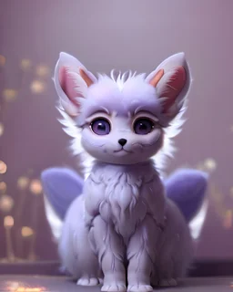 a small and delicate creature with lavender-colored fur, long, fluffy ears, and big, sparkly eyes. has a fluffy white tail that . Its long ears are adorned with golden earrings, and it wears a white tutu with a shimmering silver trim. feet are slender and delicate, with pointed toes