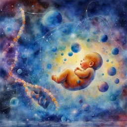 Quantum Quietude; Watercolor, The conception of the baby, microscopic quantum particles, DNA emphasis with tiny nucleotide symbols, molecular level, Calmness in Action, with watercolor splashes representing quantum particles