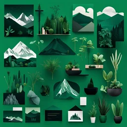 moodboard of dark green, with landscapes, objects, plants, and items