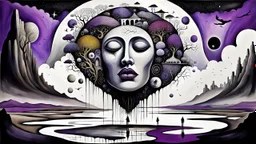 painted inner world with uncontrolled mind and soul, in midle on floating island with a big head statue, over surreal cracked painted weird empty land . some black doors stand on earth. just dark purple, gray, black, white, brown color. Whimsical style of Chagall , of Minjae Lee and of Anna Dittman. No humans in picture, broken, weird absurd beauty nightmare, in background big neuron network and stars , surreal vibe