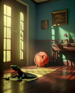 Room scene with alligator sleeping, Wes Anderson styler, concept art, smooth, unreal engine 5, god lights, ray tracing, RTX, lumen lighting, ultra detail, volumetric lighting, 3d.