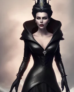evil queen in black leather gown, busty, cleavage, angry, emperious, 8k resolution concept art portrait by Greg Rutkowski,