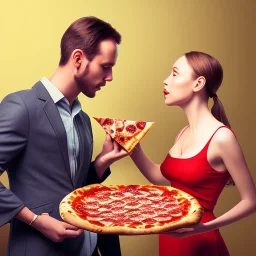 man feeding woman pizza