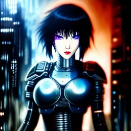 fullbody portrait in oil on canvas busty female Cyborg ,Akira Bike, ominous, intense stare, sad eyes, post-apocalyptic in a cyberpunk city, ghost in the shell, BladeRunner movie poster, , masterpiece, realistic, intricate detail, sci-fi fantasy style, volumetric lighting, particles, highly detailed ,cinematic , deep colours,8k, by Kaare Andrews and caravaggio, signed YAK