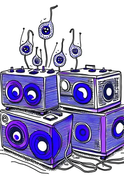 Draw a set of sound systems and blue blueberries, with the phrase: