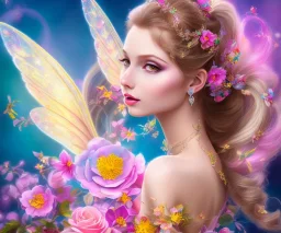 beautiful bright happy fairy portrait with long hair, thin face, two hands, two transparent wings in a pink,blue, yellow flowers background,