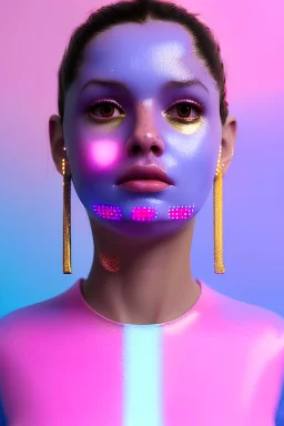 Ultra Realistic image, Rosalía artist, portrait, normal complexion, waist up portrait, black eye long line, sweet face, t-shirt with holes, inflatable open coat, gold pink and blue style, spray glow make up, geometric led jewelry, fog, hot, inflatable style latex coat, vibrant color, highly detailed, art stations, concept art, smooth, unreal engine 5, god rays, ray tracing, RTX, lumen lighting, ultra detail, volumetric lighting, 3d, finely drawn, high definition, high resolution.