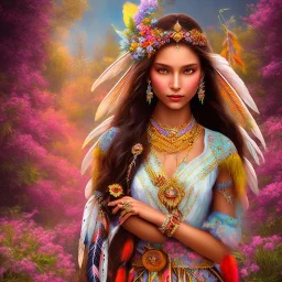 bright native american fairy, beautiful portrait, flowery landscape