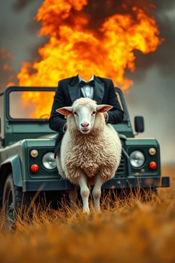 Cute tuxedo sheep in 4x4 on fire, ip in cashmere roll --ar 3:4 --style raw --personalize kzilt9y --stylize 1000 --v 6.1, big (AUTOFARM) title at top ,landrover sheep, (((steampunk)))) man, working in field, style of australian painting from the 1970s, advertisment in 80s magazine high class, blues, reds