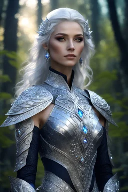 Full body Photography cinematic natural beauty,beautiful princess skin caucasian female, detailed eyes, large bust, shoulder length platinum silver hair, glowing fractal embedded on royal armor, glowing diamonds jewellers light pattern cloth, high fantasy setting, wearing regal intricate leather with scattered glowing crystal, glowing part on clothing, midnight forest, portrait