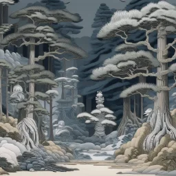 A gray cursed woods designed in ancient Egyptian architectures and sculptures painted by Katsushika Hokusai