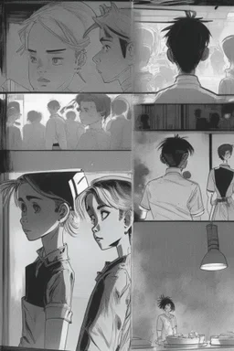 black and white story board, Cut back to the chefs, all of whom roll one sly look at the boy and the girl they switch to the establishment. The shot is through the boy and the girl in the foreground seeing only each other their bodies and between them (if the girl is on the left a the boy on the right and they go right in frame) in the middle we see gives from the cooks, and the third behind the girl (left of frame), scattered throughout the kitchen must have been thrown at them look.