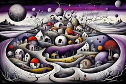 whimsical, weird ball-like houses stand in village in weird whimsical landscape, futur-surreal vibe with abstractions, around surreal cracked painted weird land with dark purple, gray, black, white, brown, and deep colors. style of Chagall , of Minjae Lee and Tim Burton, absurd beauty picture. weird bizarre absurd, nightmare, big neuron network background and thin bridges, surreal cinematic vibe