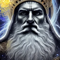 photo realistic, symetrical, centered, ultra detailed, digital art, in center is a portrait of highly detailed greek colossus god zeus surrounded by galaxy codes seeking knowledge, gray beard, crown filled with crystals, detailed face with human skin color, eyes filled with galaxy, dominating colors = gray light blue and dark gold, lightning, smoke,