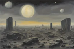 Grey sky with one planet in the horizon, rocks, sci-fi, 2000's sci-fi movies influence, rodolphe wytsman and friedrich eckenfelder impressionism paintings