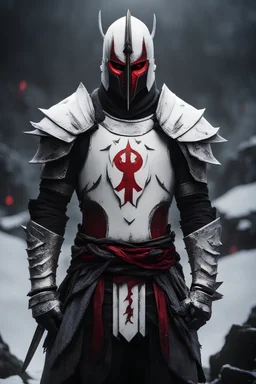 The character, depicted in a striking white armour against a dark wintry backdrop stands with his hands behind his back inside the scene, he has a red and black circular symbol on his chest like a shield, a black pointed spear with a red handle on his back, His eyes are showing a dynamic yet menacing expression and he wears a black oni mask with white teeth covering the bottom part of his mouth he has brown shoulder pads and a white karate belt with a bag attached to it. He has dark brown hair.