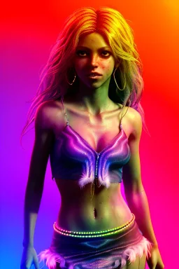 Shakira, artist, 30 years old, Realistic image, waist up portrait, etro style dress. Blonde, feathers, loose long hair, eyes make up, perfect, glow, circle iris. Neon colors, leds, geometric shapes. Dark background, photo studio, neon lights. Cyberpunk, concept art, smooth, unreal engine 5, god lights, ray tracing, RTX, lumen lighting, ultra detail, volumetric lighting, 3d, finely drawn, high definition, 4k.