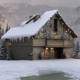 mountain house with decor and golden lights Christmas decorations, to the left of the house a beautiful gold decorated Christmas tree, masterpiece, photorealistic, ultradetailed