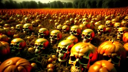 photorealistic, anatomically correct, various sizes, view of dozens of orange human skulls growing from a pumpkin vine in a large field, designed to look like a pumpkin patch, painted orange, growing off of a vine orange skulls, evil dead atmosphere, highly detailed, sharp focus, random two toned highlight, digital painting, artstaion, concept art, brooding, highly meticulous detail throughout image