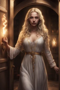 26-year-old sorceress, with long wavy blonde hair that fell over her shoulders, brown eyes, dressed in a long nightgown, carrying a luminous wand in her hand, opening the door of her house