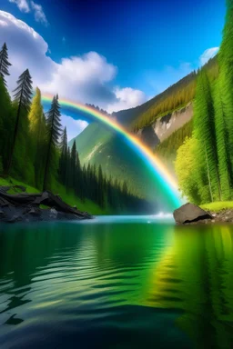 Un lago cristalino, rodeado de bosques de árboles gigantes, con cascadas que caen desde las montañas, y un arcoíris en el cielo.