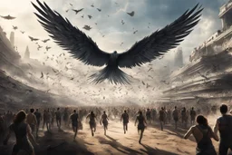 View of a modern Elysium with winged females flying over people running away in fear