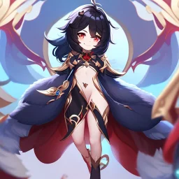 Clear focus,High resolution, black short fluffy hair, long fluffy bangs, and red eyes, Depressed girl, wearing a genshin impact outfit,slight revealing outfit, Smug smile, half closed eyes, smile, full body, Extreme close up, smiling, eyes close