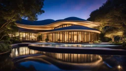 2084, delightful, sensitive, confident, undulating sinusoidal mansion with pointed hyperbolic roofs, delicate, night, darkness, water features, exquisite architecture, innovative design, award-winning photograph, beautiful composition, filled with beautiful detail, delicate colour, chiaroscuro